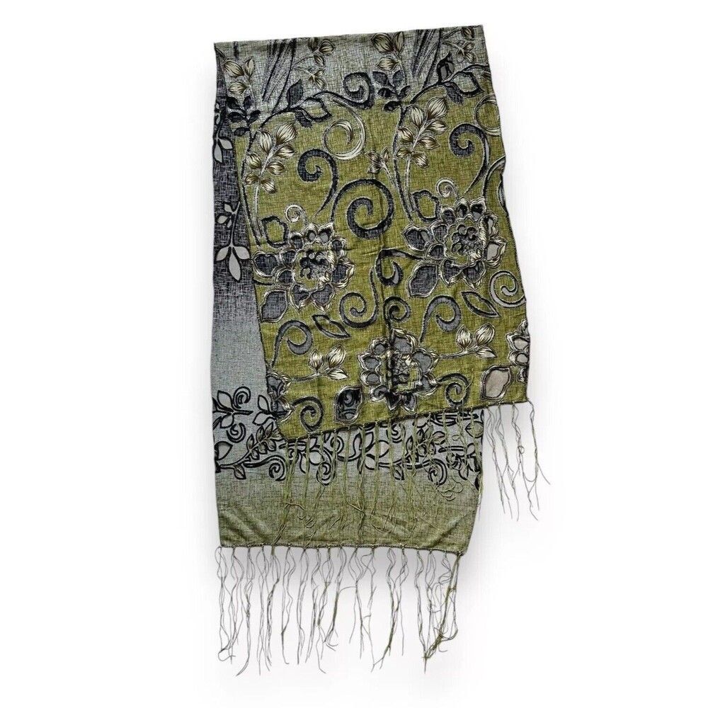 Green & Silver Scarf 63” X 19” Elegant Dress Women Scarve Black White